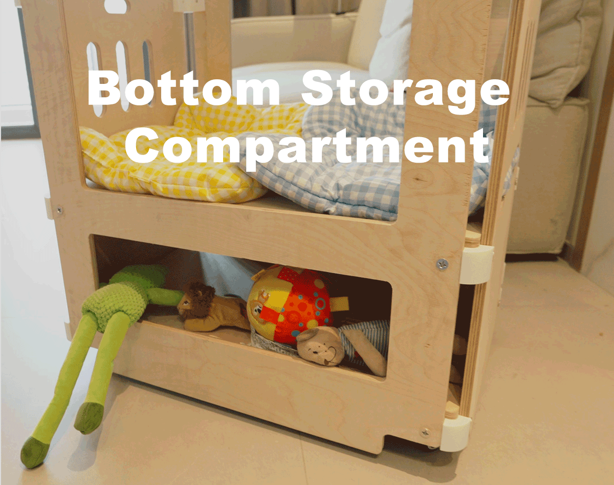 Fully handmade,movable double-layer pet companion bed with a climbing ramp; upper level for resting, lower level for storage.