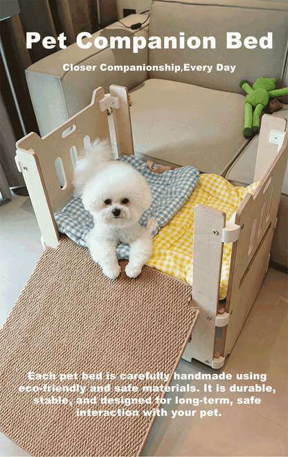 Fully handmade,movable double-layer pet companion bed with a climbing ramp; upper level for resting, lower level for storage.