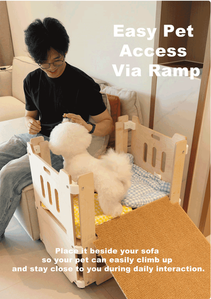 Fully handmade,movable double-layer pet companion bed with a climbing ramp; upper level for resting, lower level for storage.
