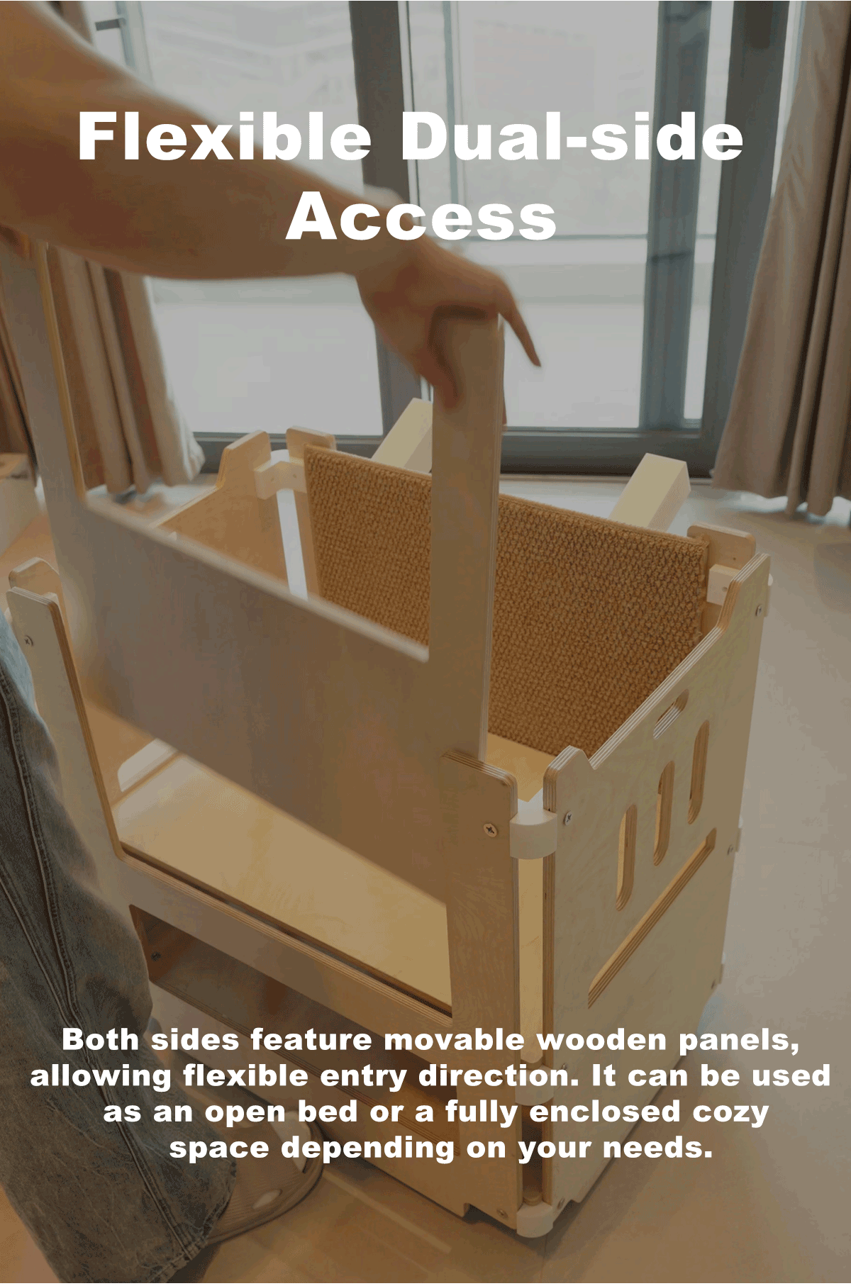 Fully handmade,movable double-layer pet companion bed with a climbing ramp; upper level for resting, lower level for storage.