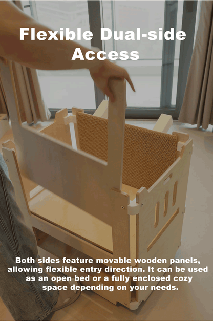 Fully handmade,movable double-layer pet companion bed with a climbing ramp; upper level for resting, lower level for storage.