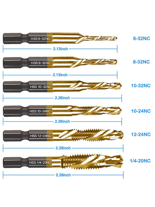 6 Pack Titanium Combination Drill Tap Bit Set Screw Tapping SAE 6-32NC 8-32NC 10-24NC 10-32NC 12-24NC 1/4-20NC