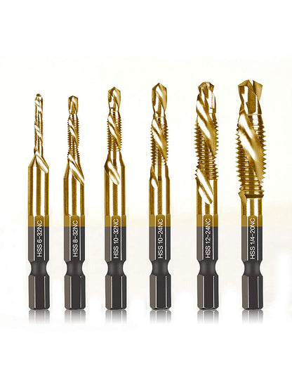 6 Pack Titanium Combination Drill Tap Bit Set Screw Tapping SAE 6-32NC 8-32NC 10-24NC 10-32NC 12-24NC 1/4-20NC