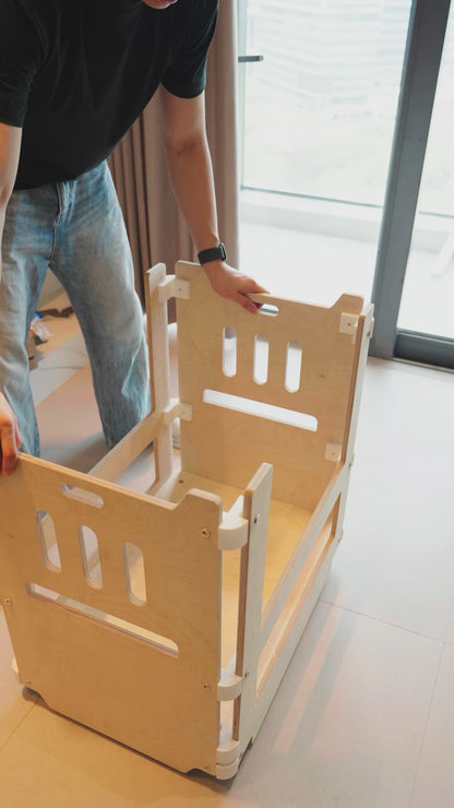 Fully handmade,movable double-layer pet companion bed with a climbing ramp; upper level for resting, lower level for storage.